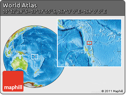 Physical Location Map of the Area around 13° 55' 11" S, 167° 31' 30" E