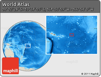 Shaded Relief Location Map of the Area around 13° 55' 11" S, 167° 22' 30" W