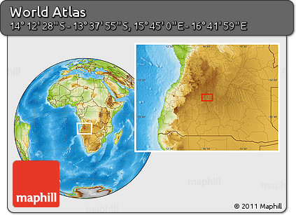 Physical Location Map of the Area around 13° 55' 11" S, 16° 13' 30" E