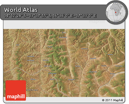 Satellite 3D Map of the Area around 13° 55' 11" S, 17° 4' 30" E