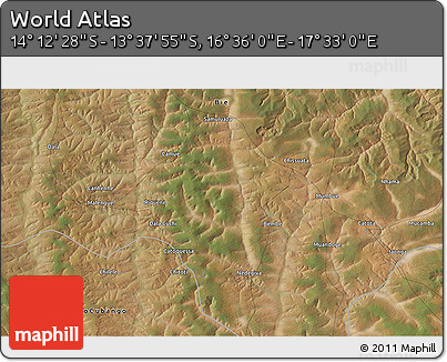 Satellite 3D Map of the Area around 13° 55' 11" S, 17° 4' 30" E