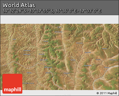 Satellite 3D Map of the Area around 13° 55' 11" S, 17° 4' 30" E