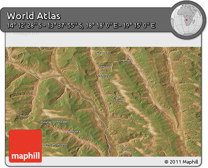 Satellite 3D Map of the Area around 13° 55' 11" S, 18° 46' 29" E