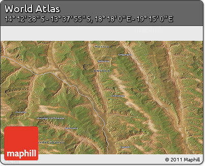 Satellite 3D Map of the Area around 13° 55' 11" S, 18° 46' 29" E