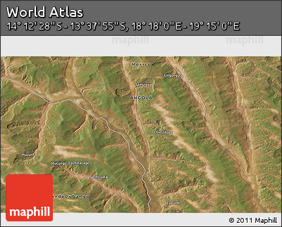 Satellite 3D Map of the Area around 13° 55' 11" S, 18° 46' 29" E