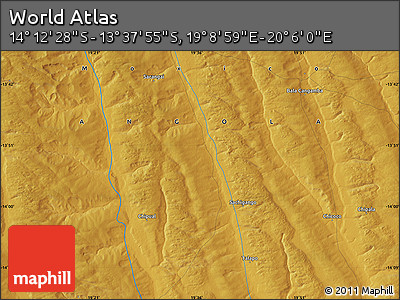 Physical Map of the Area around 13° 55' 11" S, 19° 37' 30" E