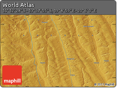 Physical Map of the Area around 13° 55' 11" S, 19° 37' 30" E