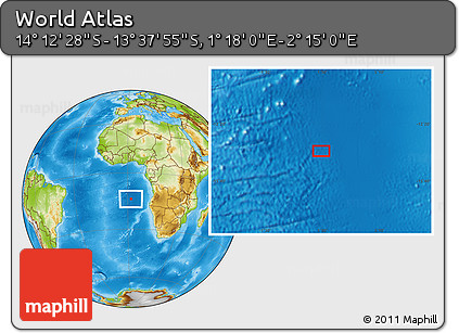 Physical Location Map of the Area around 13° 55' 11" S, 1° 46' 29" E