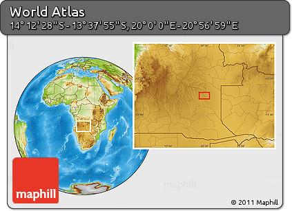 Physical Location Map of the Area around 13° 55' 11" S, 20° 28' 30" E