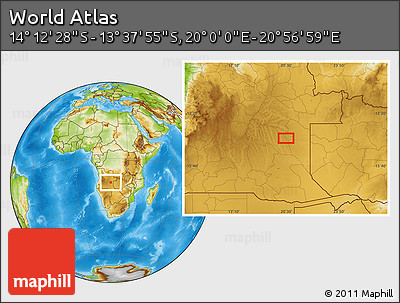 Physical Location Map of the Area around 13° 55' 11" S, 20° 28' 30" E