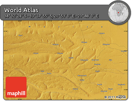 Physical Map of the Area around 13° 55' 11" S, 21° 19' 30" E