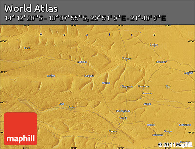 Physical Map of the Area around 13° 55' 11" S, 21° 19' 30" E