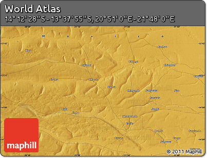 Physical Map of the Area around 13° 55' 11" S, 21° 19' 30" E