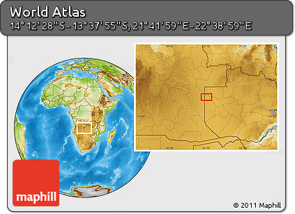 Physical Location Map of the Area around 13° 55' 11" S, 22° 10' 29" E