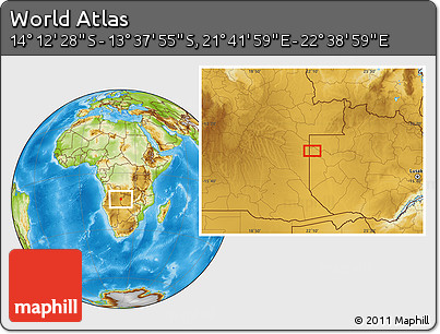 Physical Location Map of the Area around 13° 55' 11" S, 22° 10' 29" E