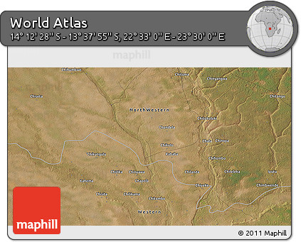 Satellite 3D Map of the Area around 13° 55' 11" S, 23° 1' 29" E