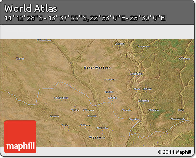 Satellite 3D Map of the Area around 13° 55' 11" S, 23° 1' 29" E