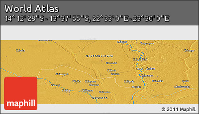 Physical Panoramic Map of the Area around 13° 55' 11" S, 23° 1' 29" E
