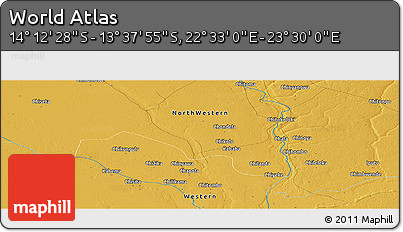 Physical Panoramic Map of the Area around 13° 55' 11" S, 23° 1' 29" E