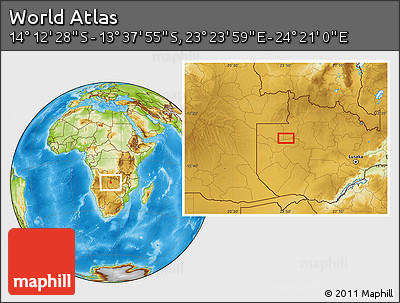 Physical Location Map of the Area around 13° 55' 11" S, 23° 52' 30" E