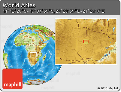 Physical Location Map of the Area around 13° 55' 11" S, 23° 52' 30" E