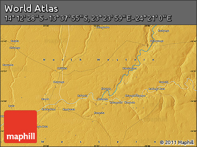 Physical Map of the Area around 13° 55' 11" S, 23° 52' 30" E