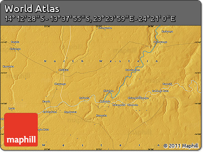 Physical Map of the Area around 13° 55' 11" S, 23° 52' 30" E