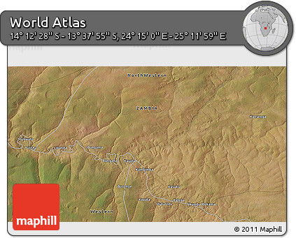Satellite 3D Map of the Area around 13° 55' 11" S, 24° 43' 30" E