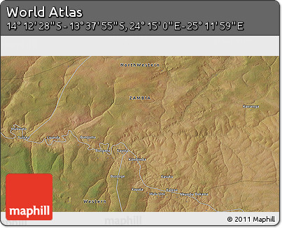 Satellite 3D Map of the Area around 13° 55' 11" S, 24° 43' 30" E