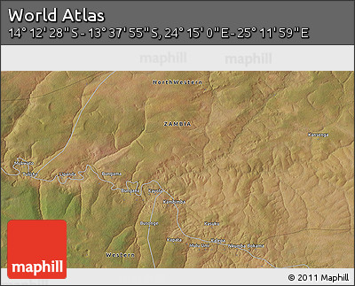 Satellite 3D Map of the Area around 13° 55' 11" S, 24° 43' 30" E