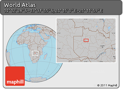 Gray Location Map of the Area around 13° 55' 11" S, 24° 43' 30" E