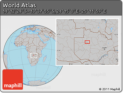 Gray Location Map of the Area around 13° 55' 11" S, 24° 43' 30" E
