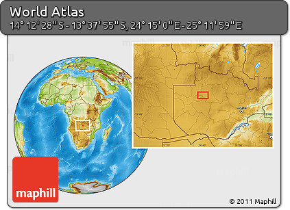 Physical Location Map of the Area around 13° 55' 11" S, 24° 43' 30" E