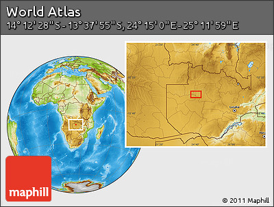Physical Location Map of the Area around 13° 55' 11" S, 24° 43' 30" E