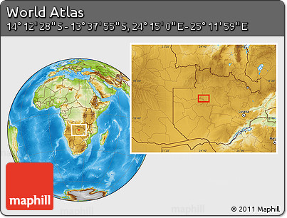 Physical Location Map of the Area around 13° 55' 11" S, 24° 43' 30" E