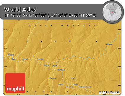 Physical Map of the Area around 13° 55' 11" S, 24° 43' 30" E