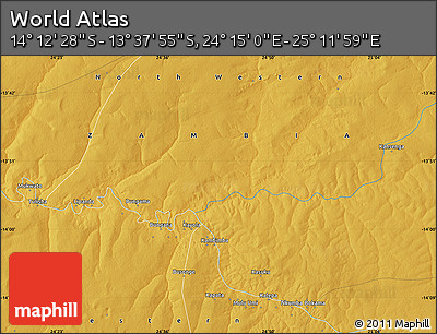 Physical Map of the Area around 13° 55' 11" S, 24° 43' 30" E