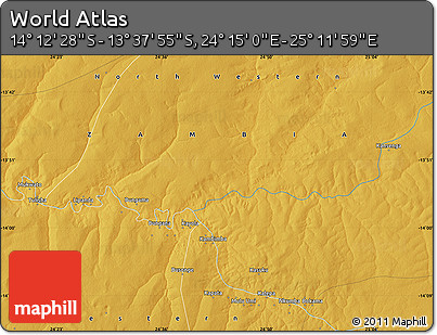 Physical Map of the Area around 13° 55' 11" S, 24° 43' 30" E