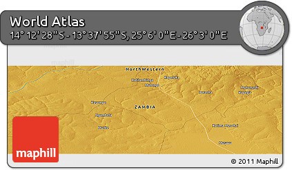 Physical Panoramic Map of the Area around 13° 55' 11" S, 25° 34' 30" E