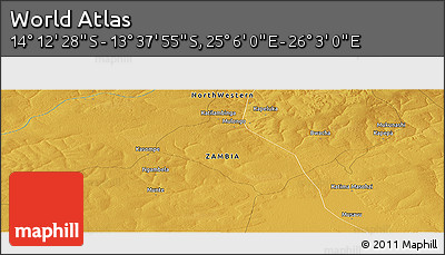 Physical Panoramic Map of the Area around 13° 55' 11" S, 25° 34' 30" E