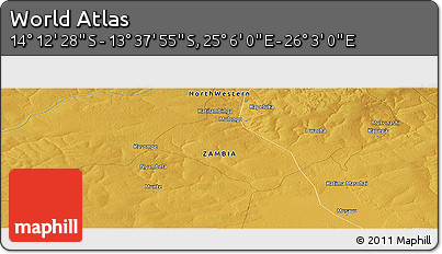 Physical Panoramic Map of the Area around 13° 55' 11" S, 25° 34' 30" E