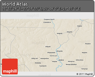 Shaded Relief 3D Map of the Area around 13° 55' 11" S, 27° 16' 29" E