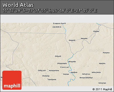 Shaded Relief 3D Map of the Area around 13° 55' 11" S, 27° 16' 29" E