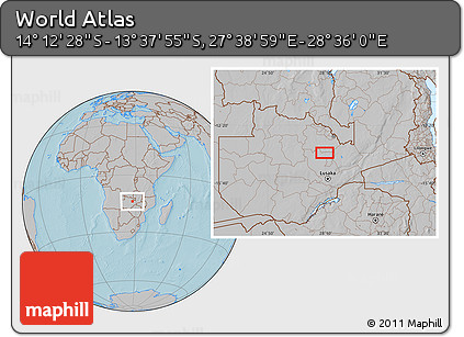 Gray Location Map of the Area around 13° 55' 11" S, 28° 7' 30" E, hill shading