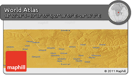 Physical Panoramic Map of the Area around 13° 55' 11" S, 28° 7' 30" E