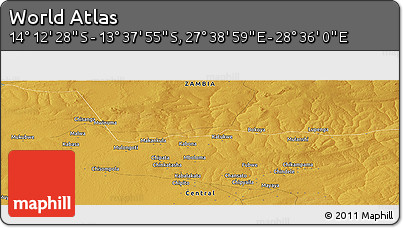 Physical Panoramic Map of the Area around 13° 55' 11" S, 28° 7' 30" E