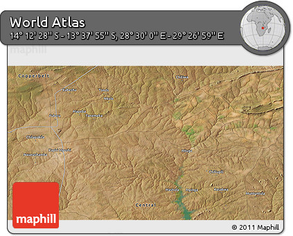 Satellite 3D Map of the Area around 13° 55' 11" S, 28° 58' 30" E