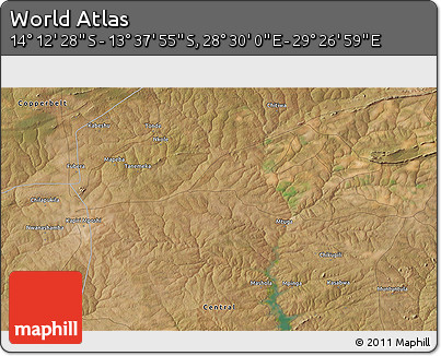 Satellite 3D Map of the Area around 13° 55' 11" S, 28° 58' 30" E