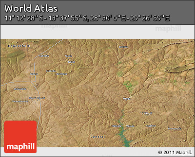 Satellite 3D Map of the Area around 13° 55' 11" S, 28° 58' 30" E