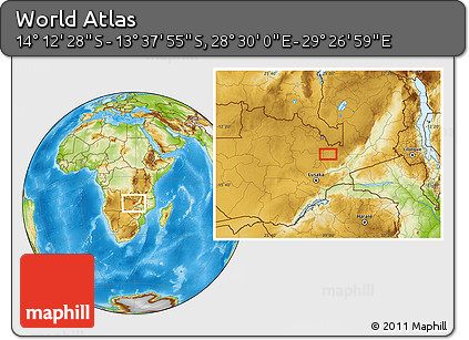 Physical Location Map of the Area around 13° 55' 11" S, 28° 58' 30" E